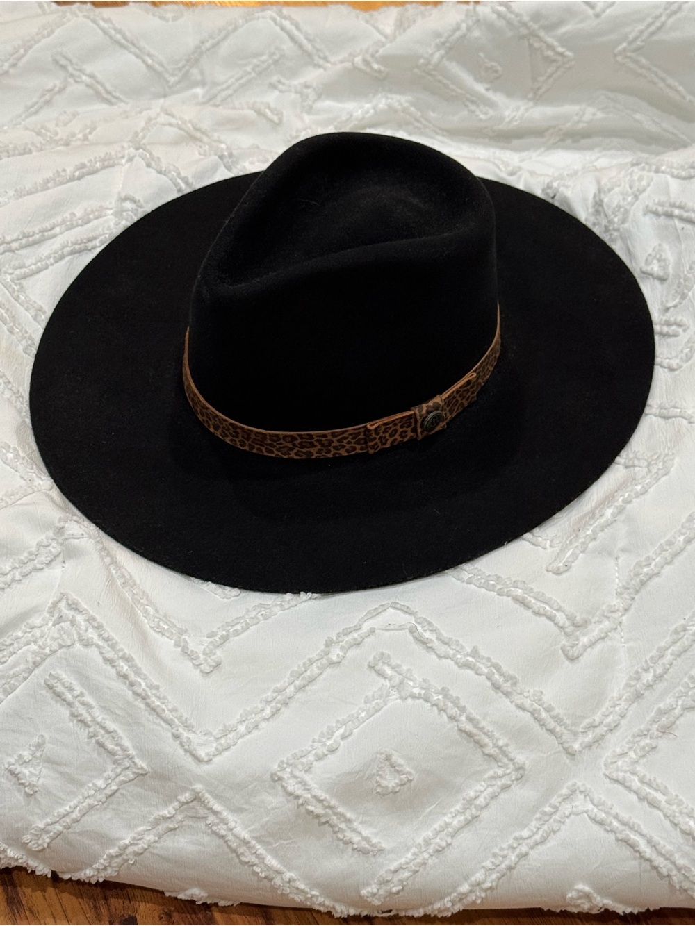 Woman's Black Wide-Brim Fedora with Brown Leopard Accent Band